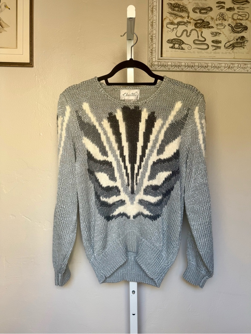VTG 80s Angora Christina Light Gray Sweater with White and Dark Gray Pattern
